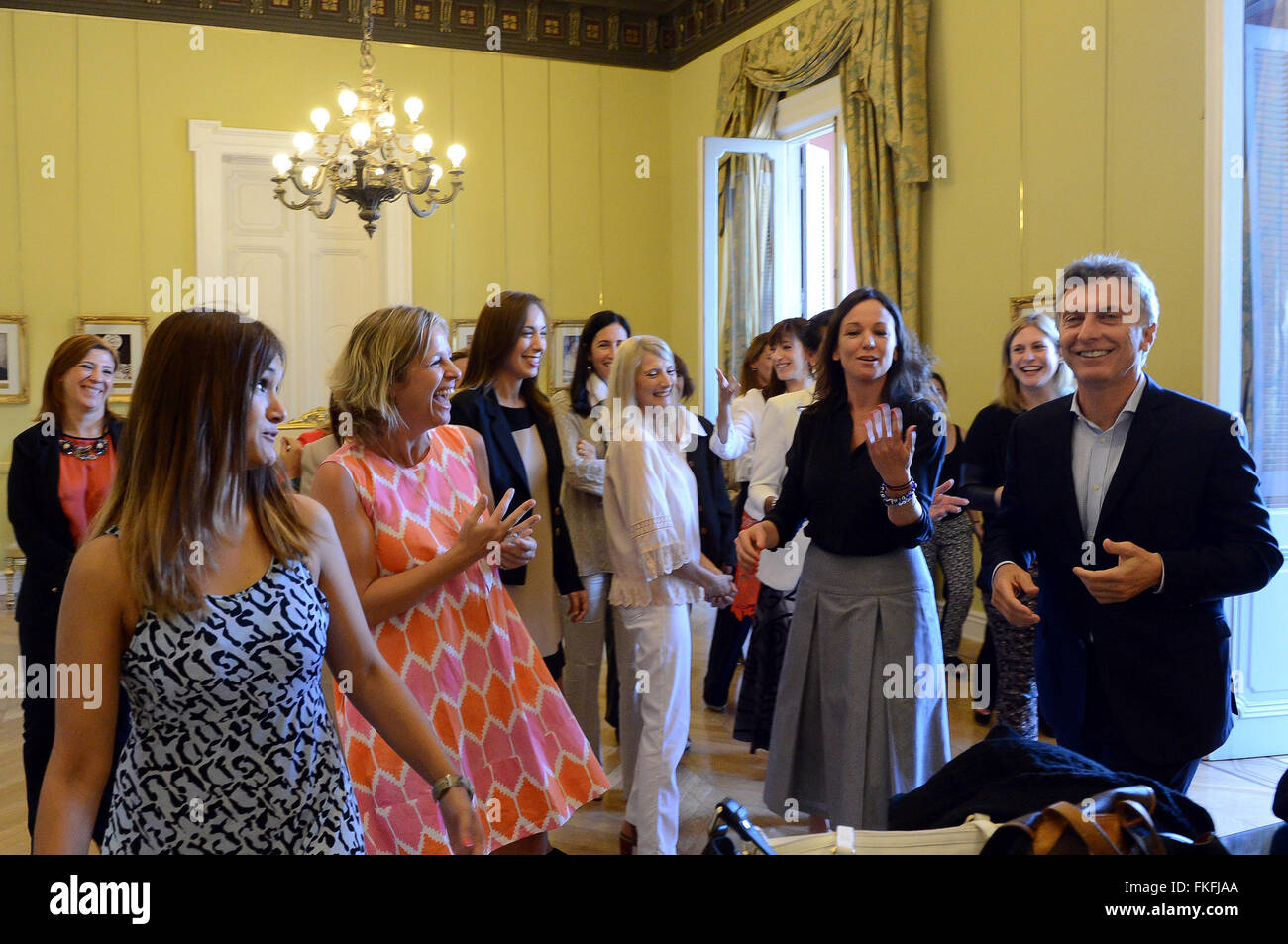 Buenos Aires, Argentina. 8th Mar, 2016. Argentina's President Mauricio Macri(1st R), receives a group of women on the occasion of the celebration for the International Women's day in the Scientists Hall of the Government House, in Buenos Aires, Argentina, on March 8, 2016. Credit:  Presidency/TELAM/Xinhua/Alamy Live News Stock Photo