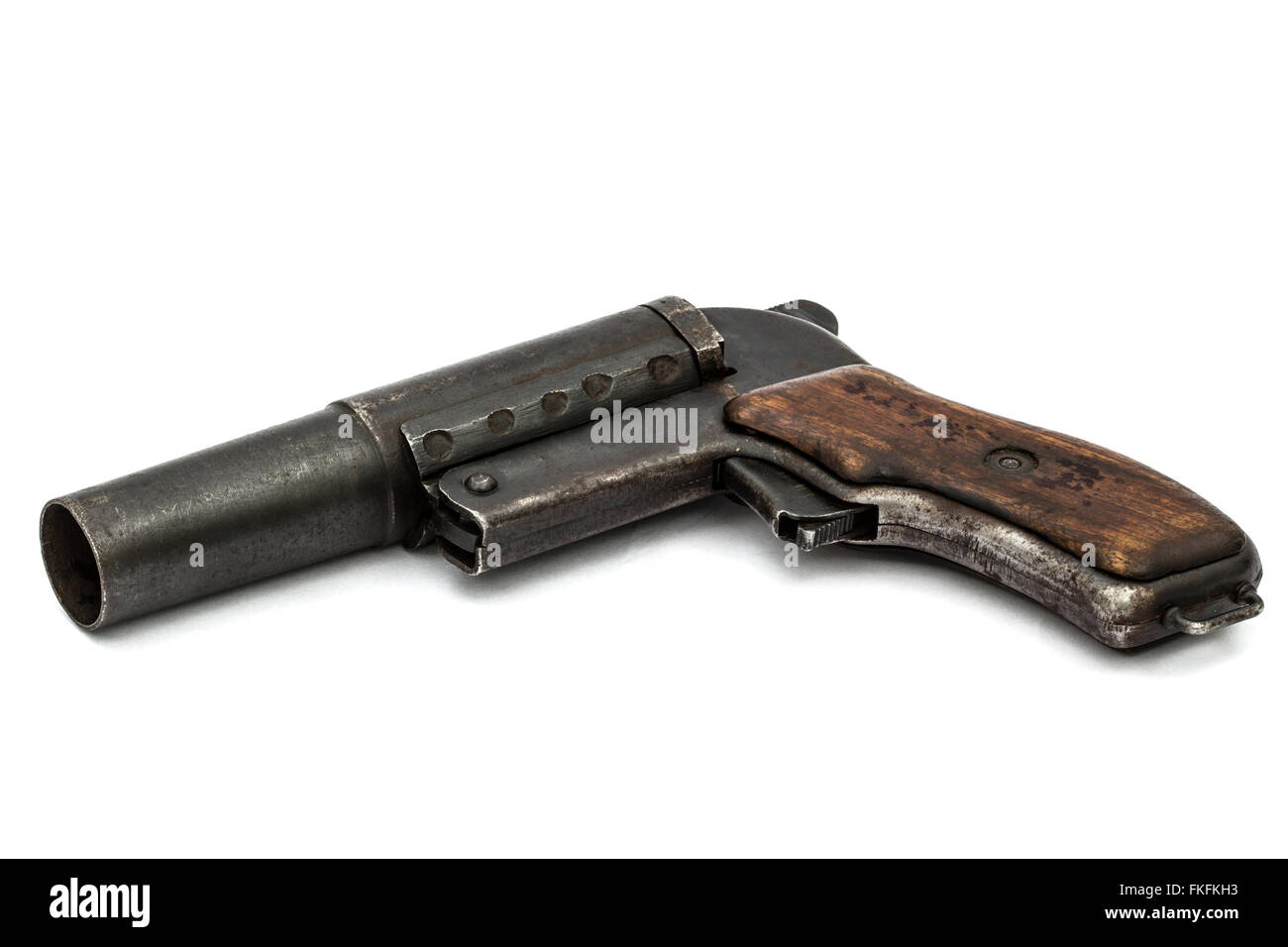 Old signal pistol, flare gun, isolated on white background Stock Photo