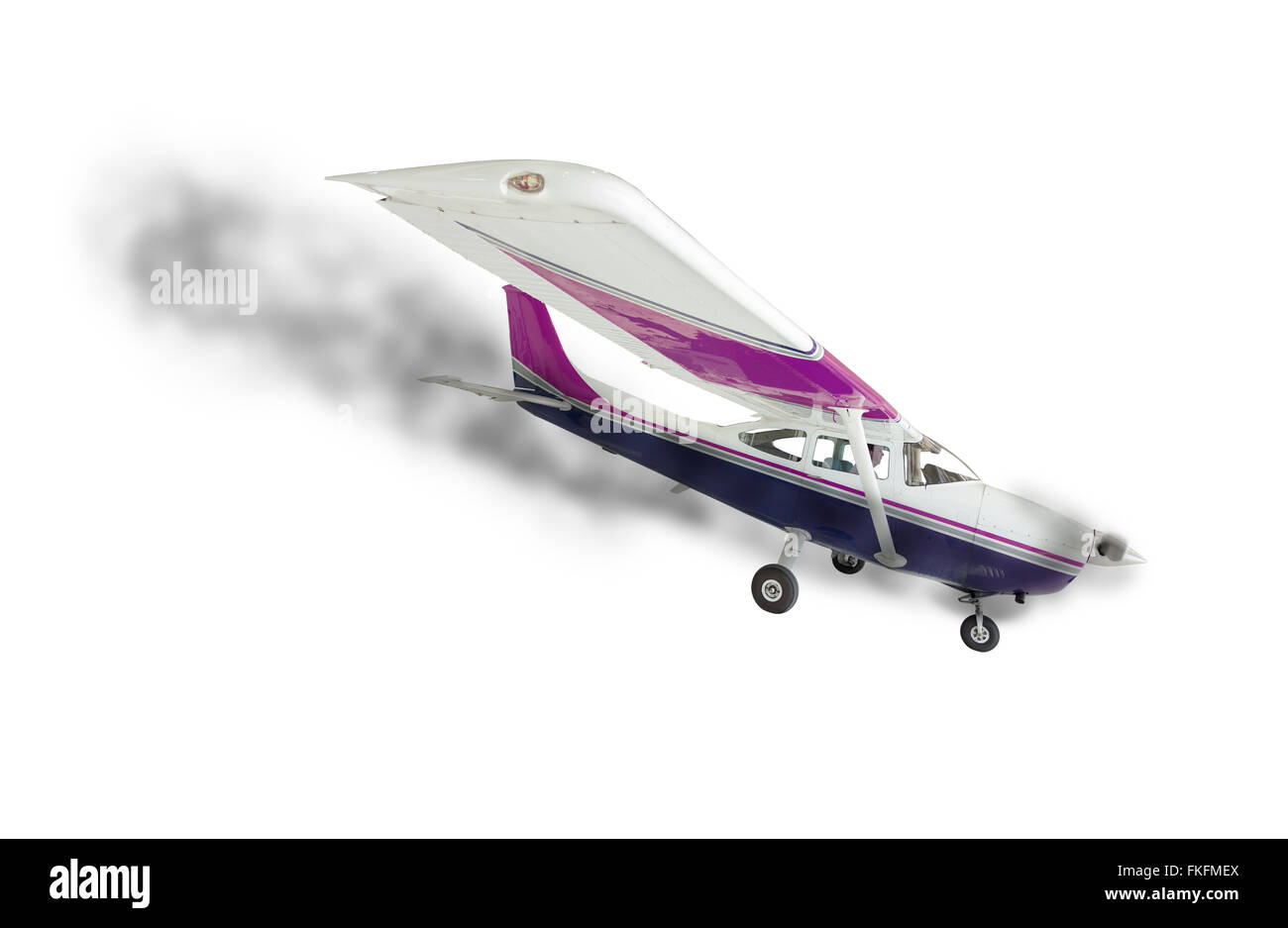 The Cessna 172 With Smoke Coming From Engine on a White Background. Stock Photo