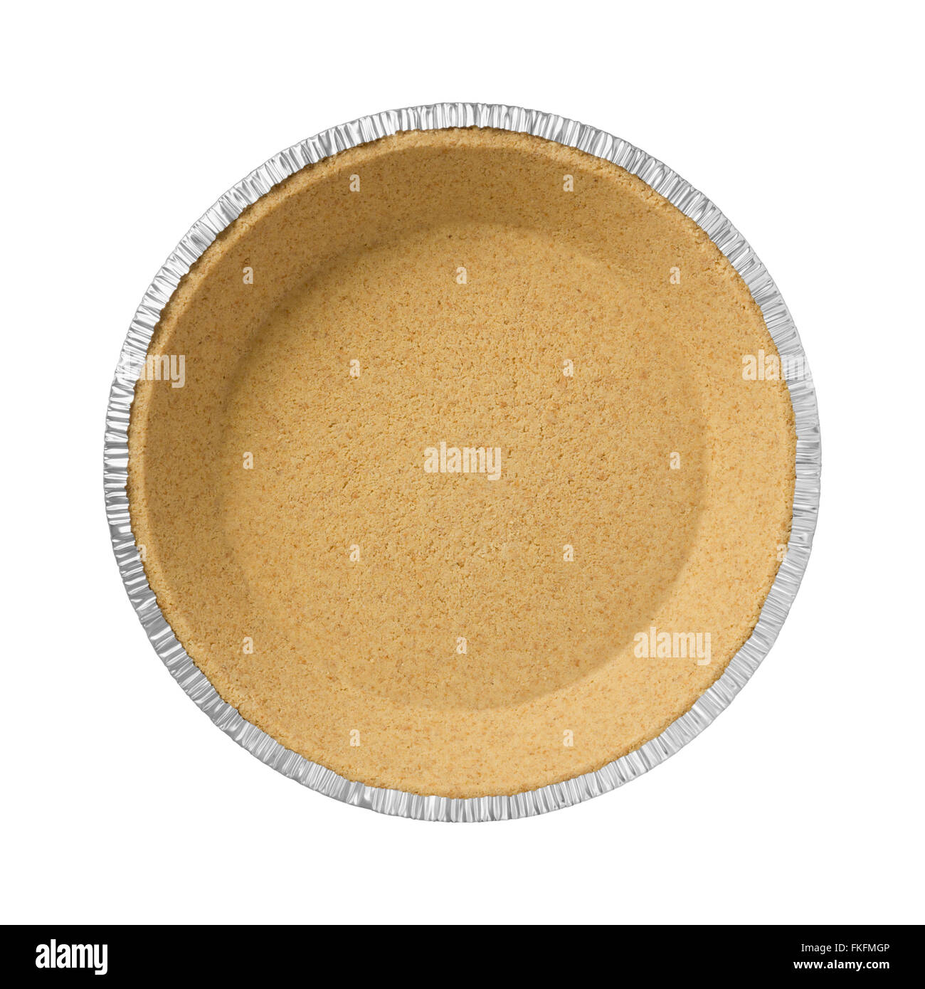 Graham Cracker Pie Crust in a tin dish. The image is a cut out, isolated on a white background. Stock Photo