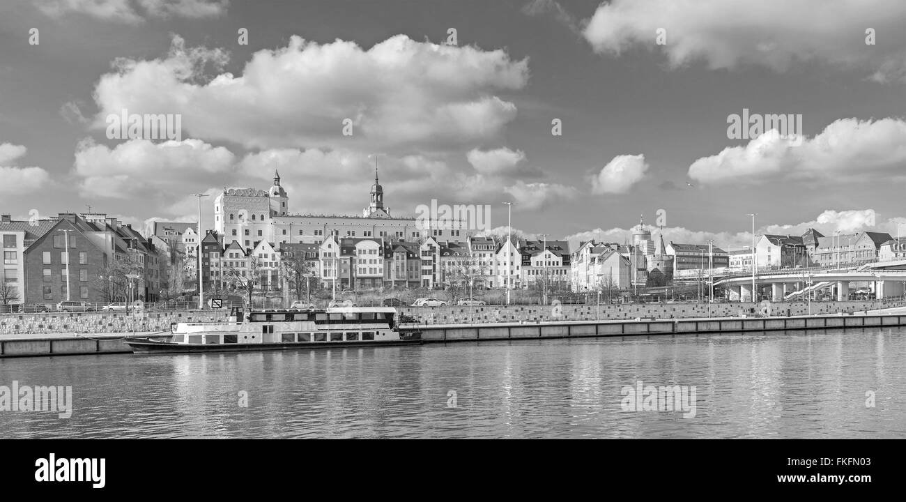 Black and white panoramic picture of Szczecin waterfront, Poland. Stock Photo