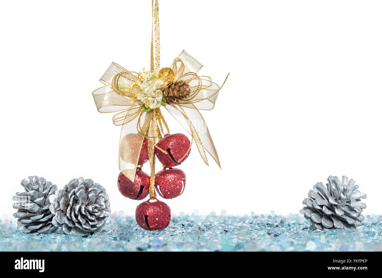Luxury red jingle Bells and Pine Cone with Snow, hanging Decoration