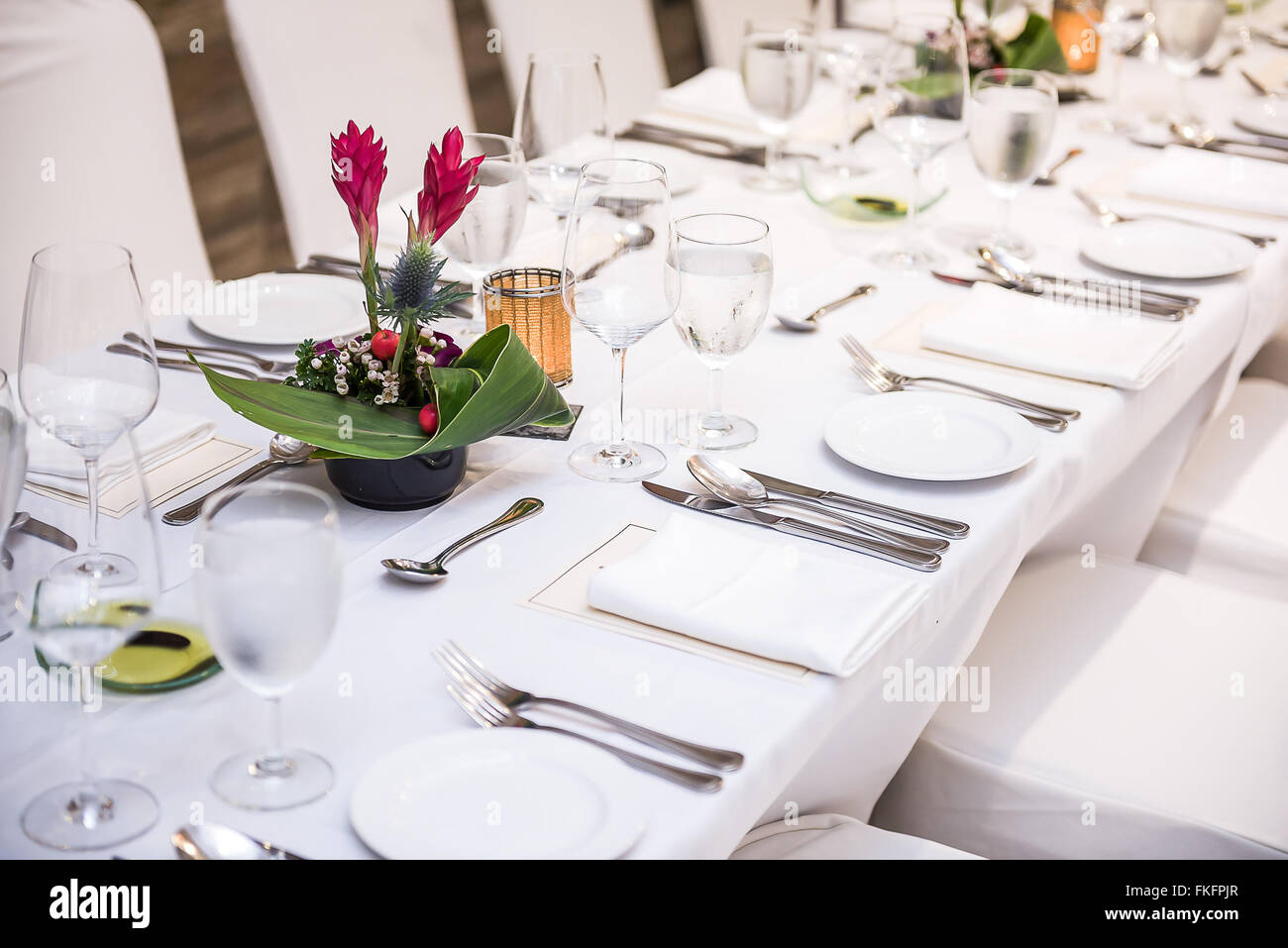 Plates and cutlery prepared for dinner reception. Stock Photo