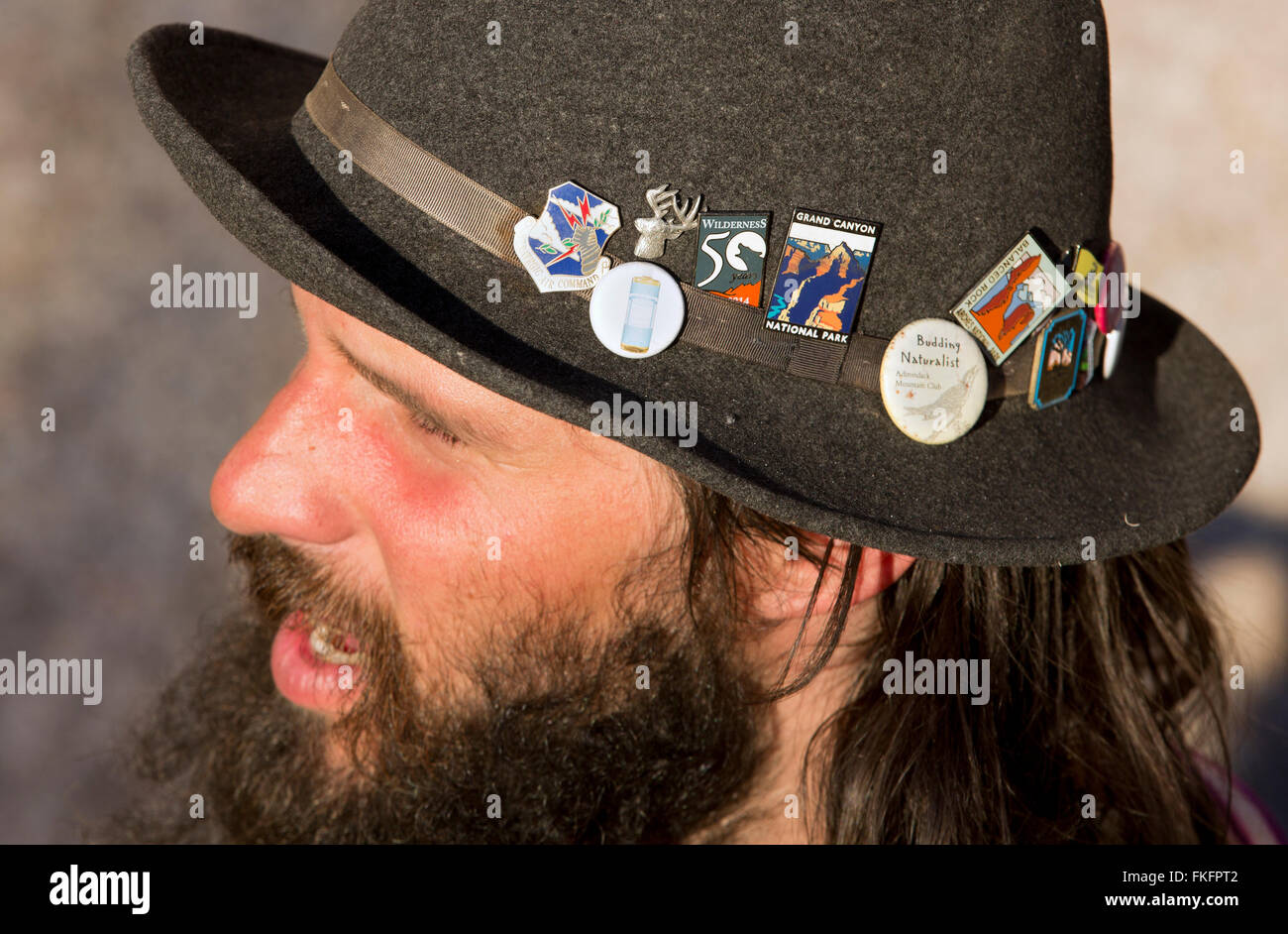Badges on a rock climber's hat, Hidden Valley, Joshua Tree National Park, California, USA Stock Photo