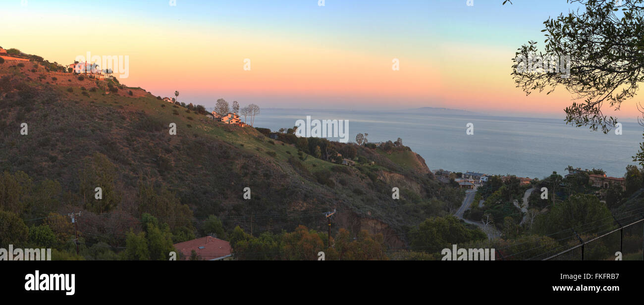 Malibu hillside at sunset above the Pacific Ocean coastline in California, United States. Stock Photo
