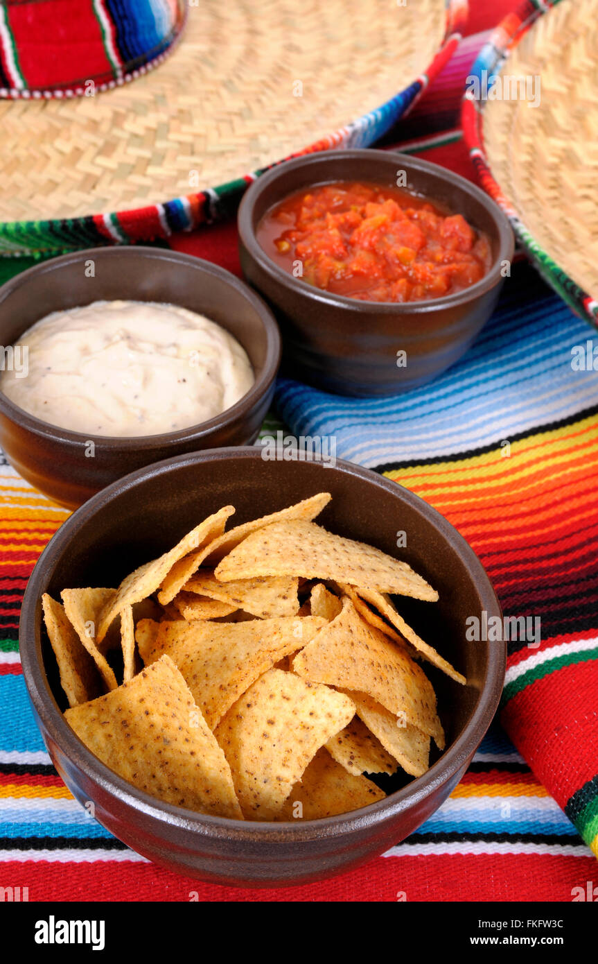 Mexican sombreros and traditional serape blankets with salsa dip and