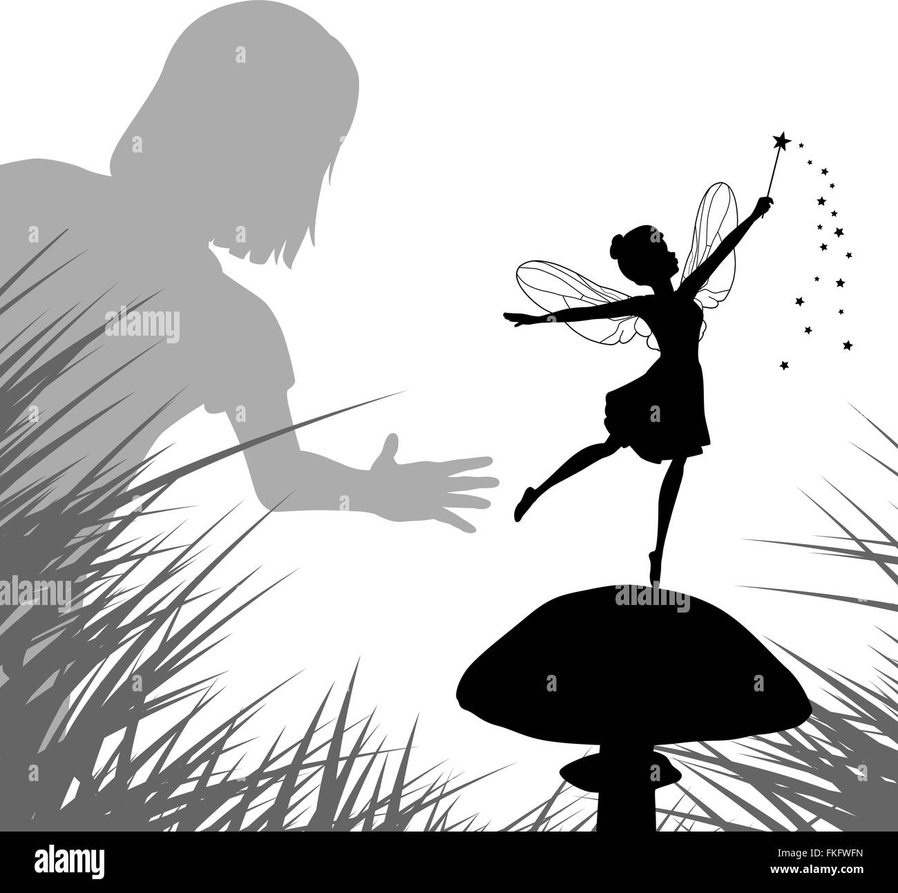 EPS8 editable vector illustration of a young girl finding a fairy dancing on a mushroom Stock Vector