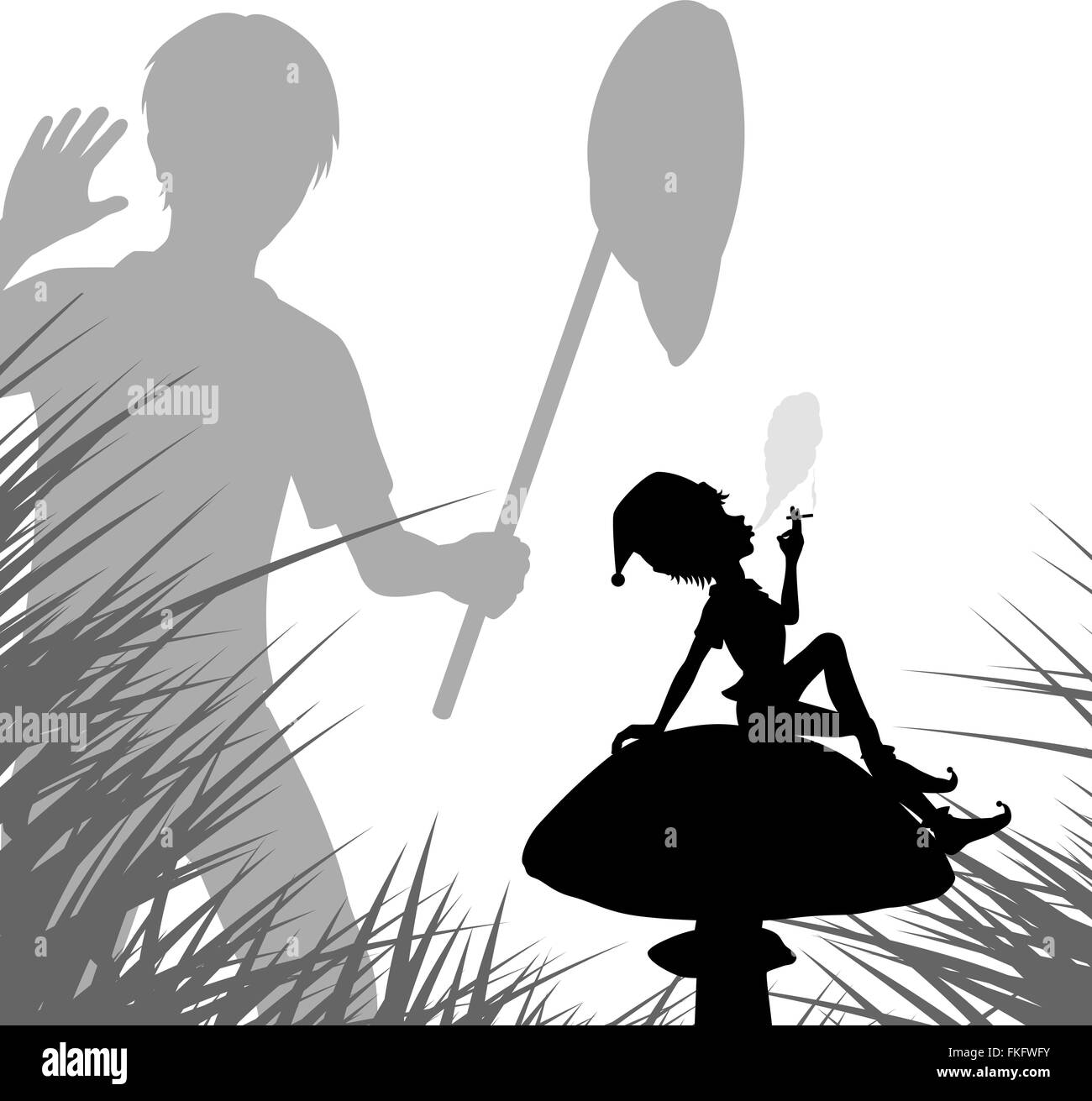 EPS8 editable vector illustration of a young boy with a net finding a smoking pixie on a mushroom Stock Vector