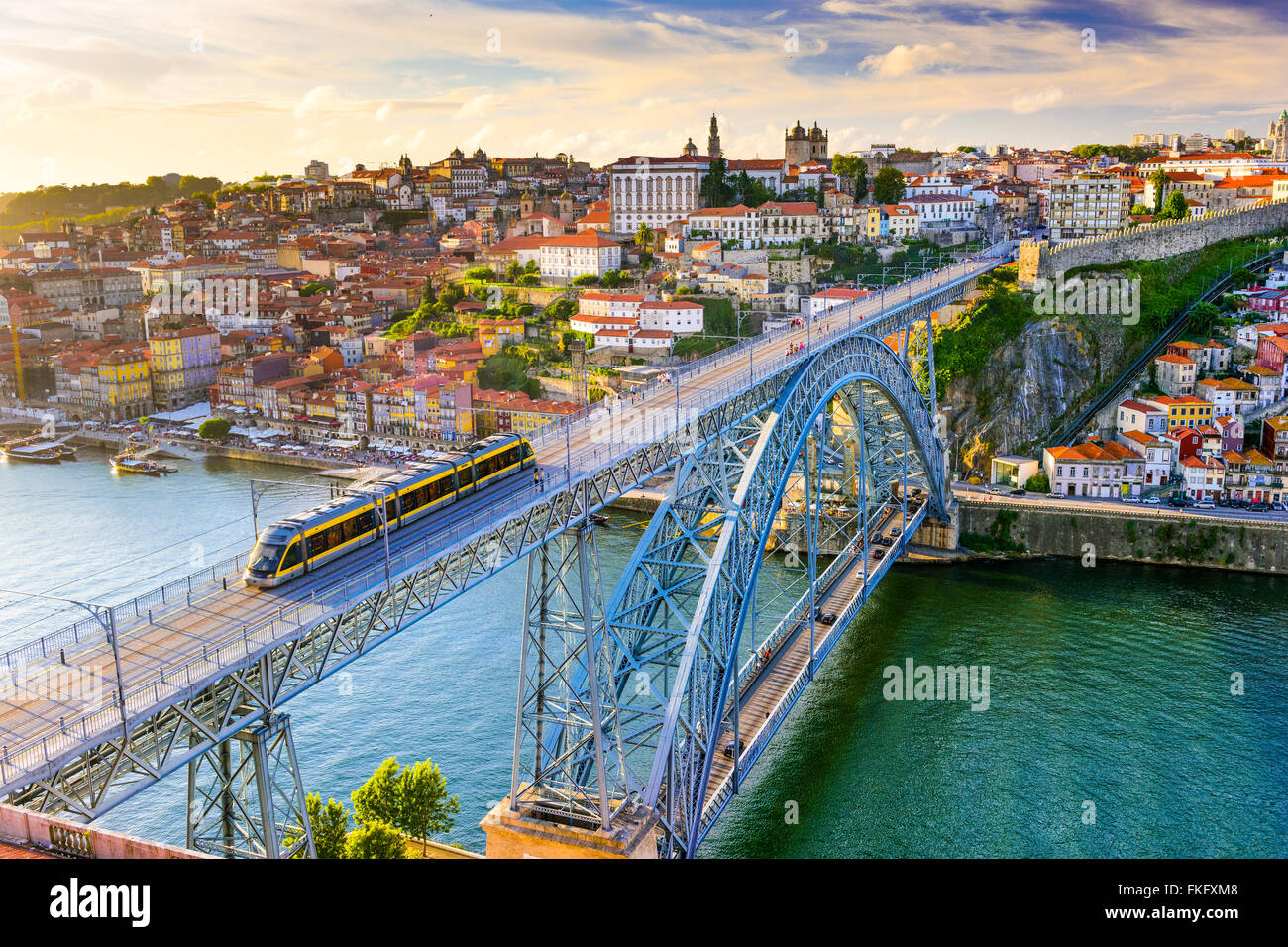 Porto, Portugal cityscape on the Douro River and Dom Luis I Bridge. Stock Photo