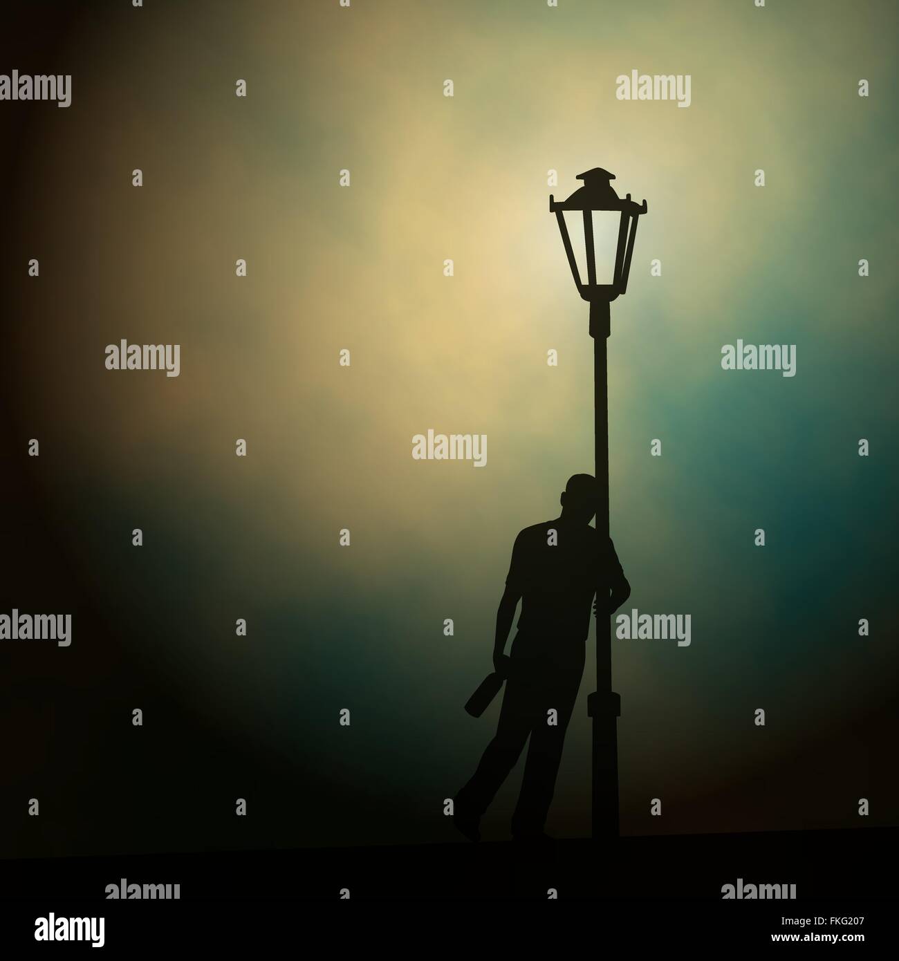 EPS10 editable vector illustration of a drunken man leaning against a lamp-post at night made using a gradient mesh Stock Vector