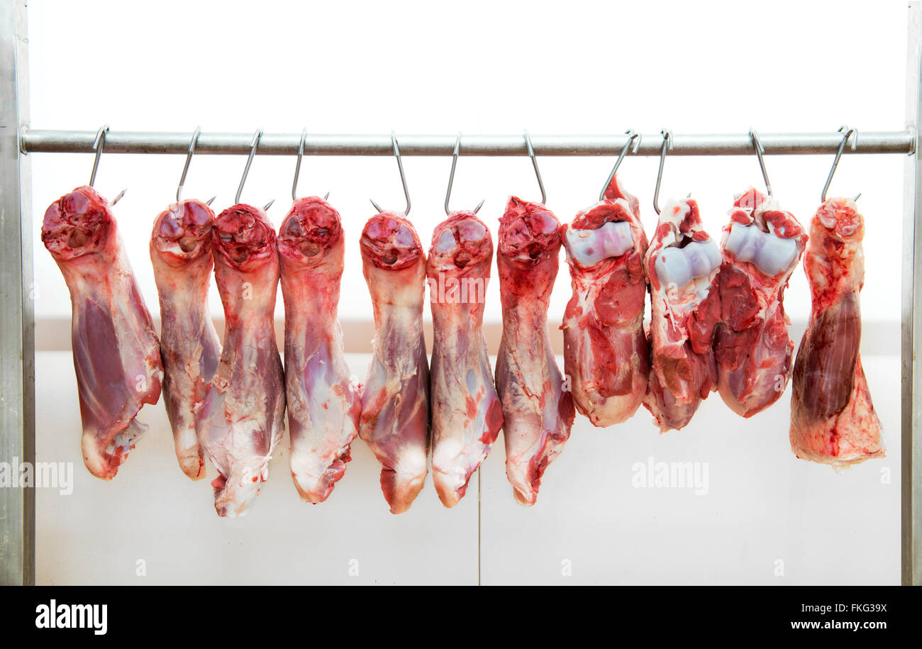 Eleven newly cut shin parts from slaughtered calves hanging from sharp hooks in meat processing plant cooling room Stock Photo