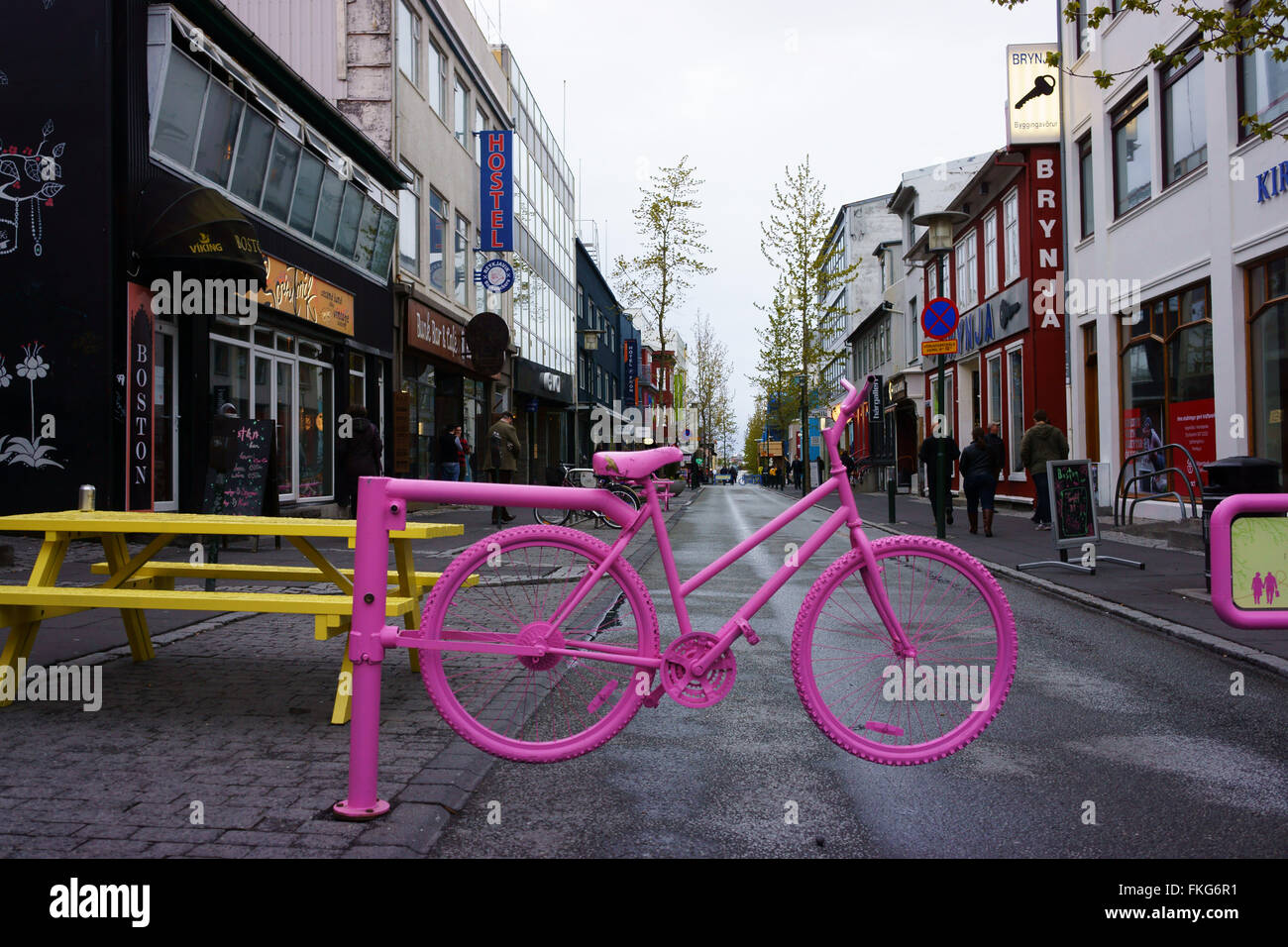 Pink bicycle marking pedestrian zone, downtown Rejkiavik, Iceland Stock Photo