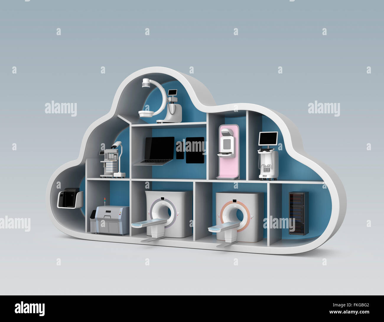 Medical imaging system and PACS server, 3D printer in cloud shape container. Concept for medical cloud service. Stock Photo