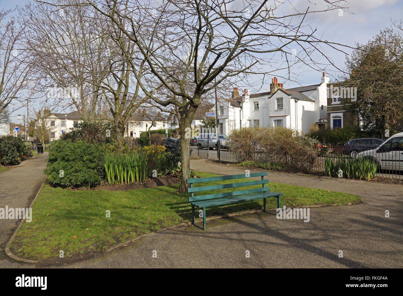 William Griggs Gardens. A small park on Bellenden Road in Peckham, London. Village atmosphere in the once famously poor area. Stock Photo