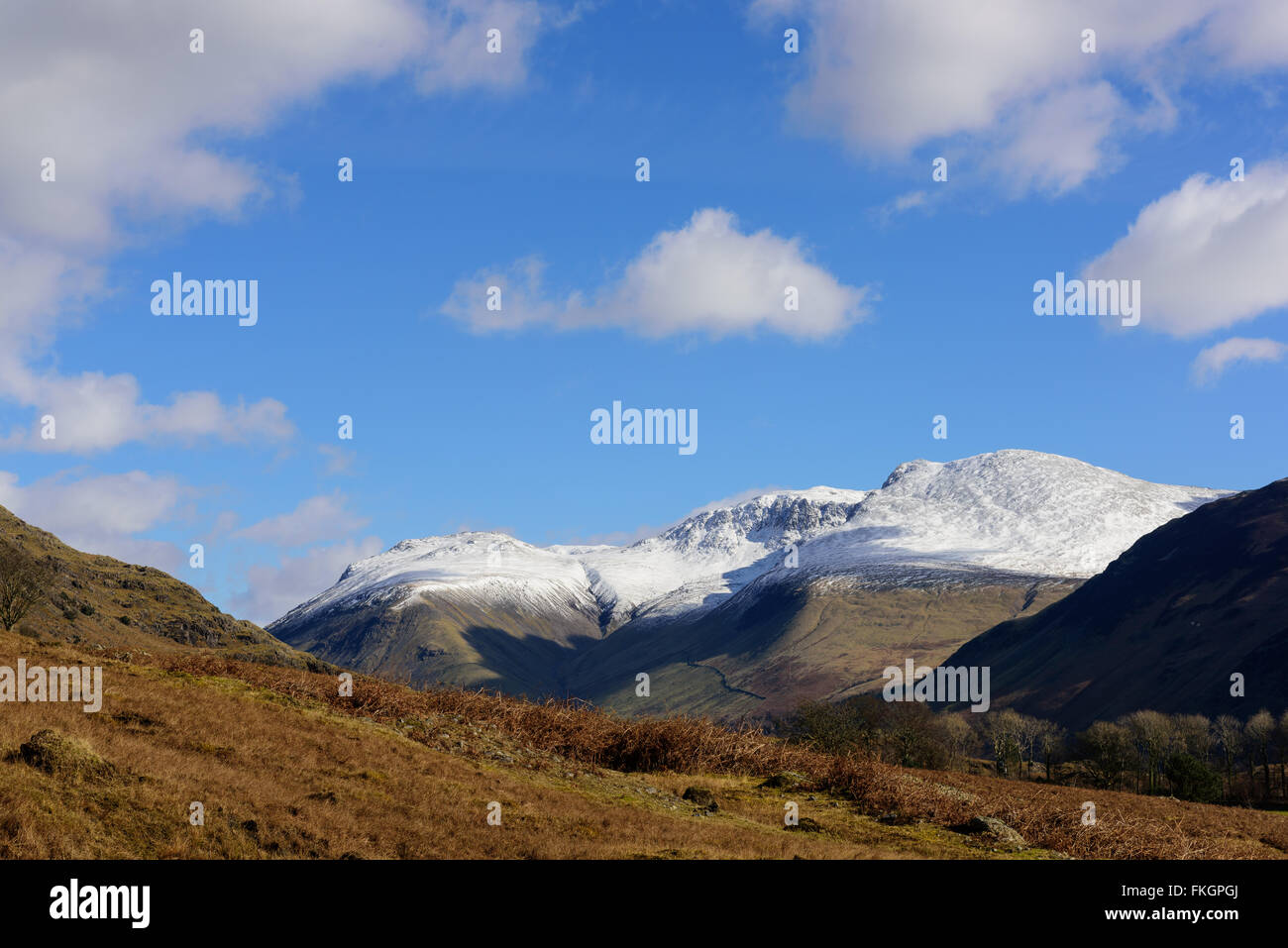 Wastwater with snow capped Lingmell, Scafell pike and Scafell in the background Stock Photo