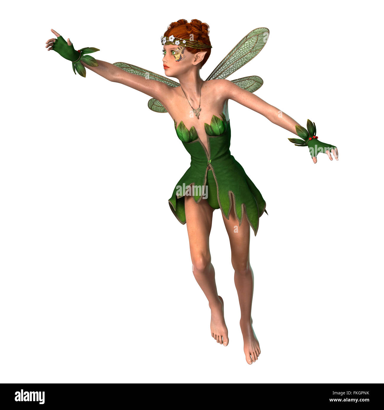 Digital render of a pretty spring fairy flying in a fantasy garden Stock Photo