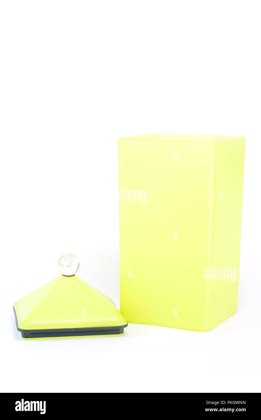 Yellow plastic container, utensil kitchenware isolated on white