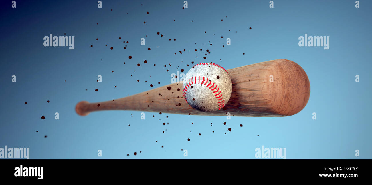 wooden baseball bat hitting a ball isolated on blue background Stock