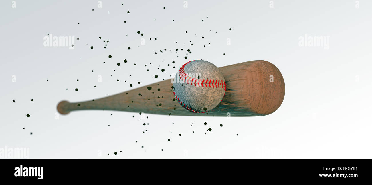 wooden baseball bat hitting a ball isolated on white background Stock