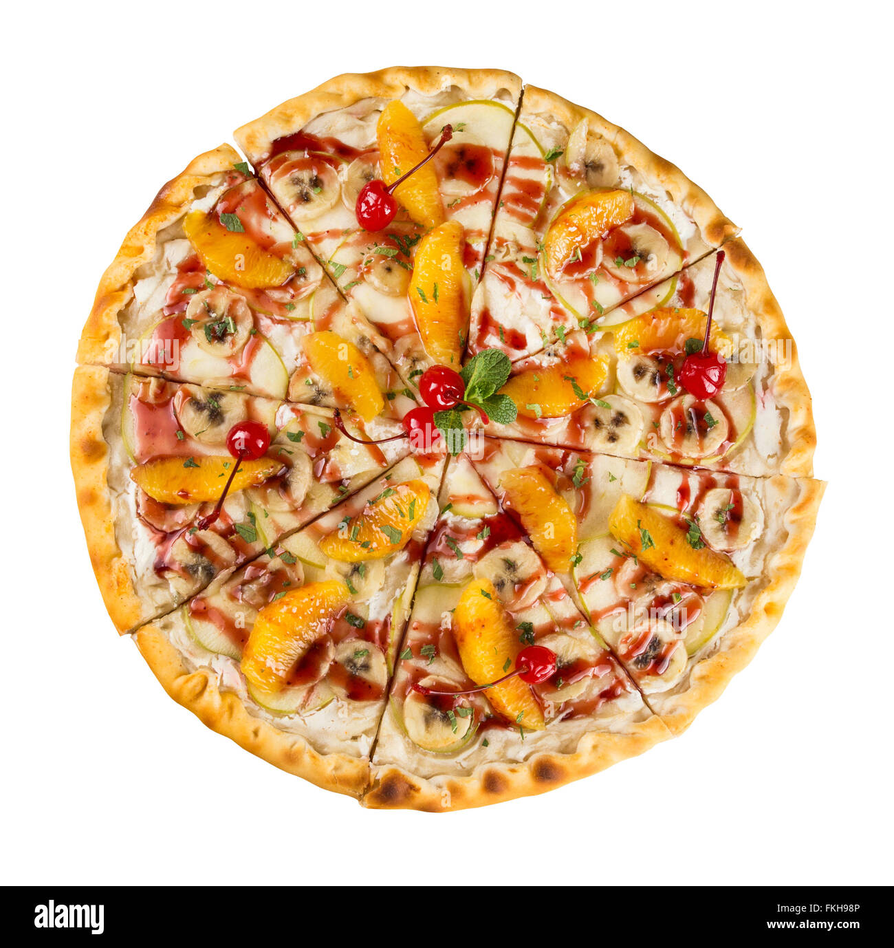 isolated dessert food the sweet pizza with orange, banana, apple and cherry Stock Photo