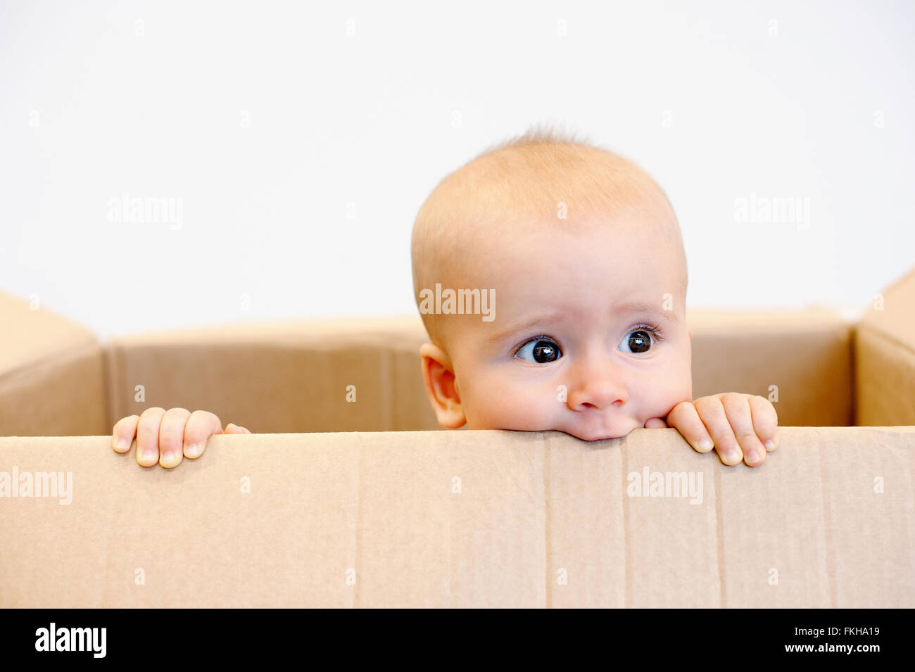 Baby todler in a carton box Stock Photo