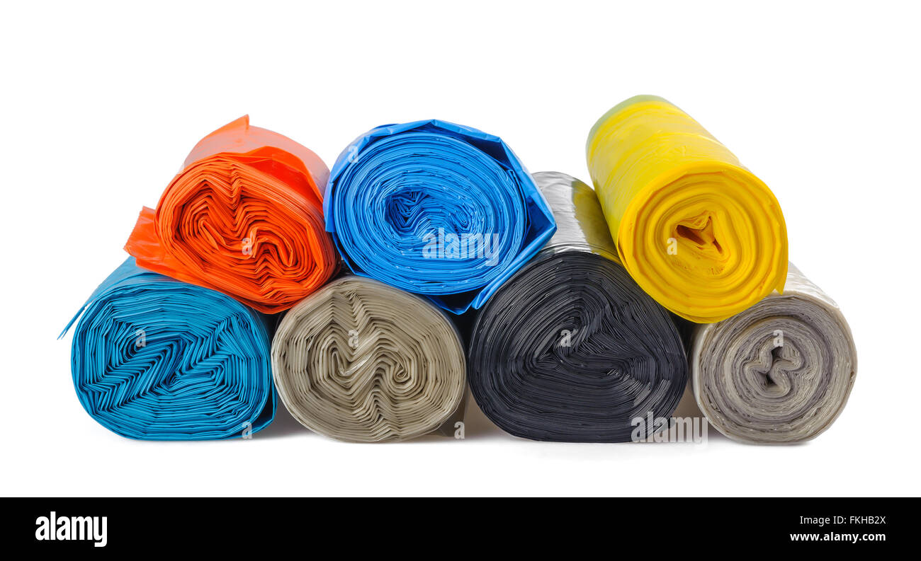 Rolls of disposable trash bags isolated on white background Stock Photo ...