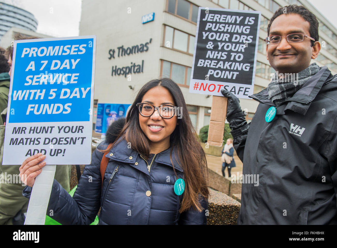 London, UK. 09th Mar, 2016. Ruha Chowdhury (L) and another Registrar (who  is heading to Australia in 3 weeks) join the protest - The picket line at  St Thomas' Hospital. Junior Doctors