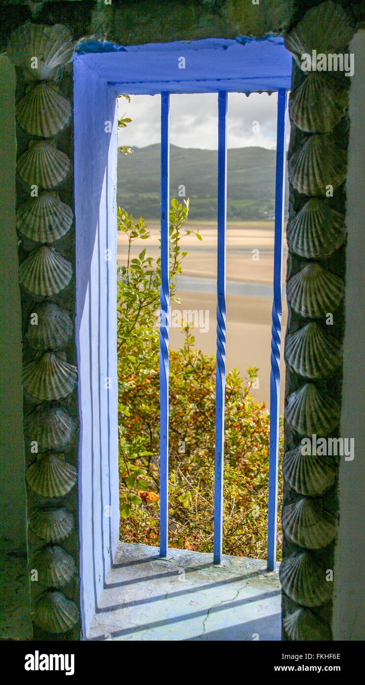 View of Traeth Bach through window in Portmeirion village Stock Photo