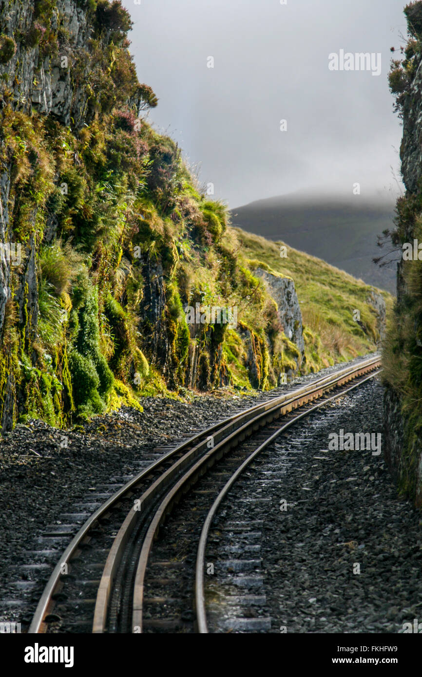 Railway track through rock, Snowdon Mountain Railway, Snowdonia Stock Photo