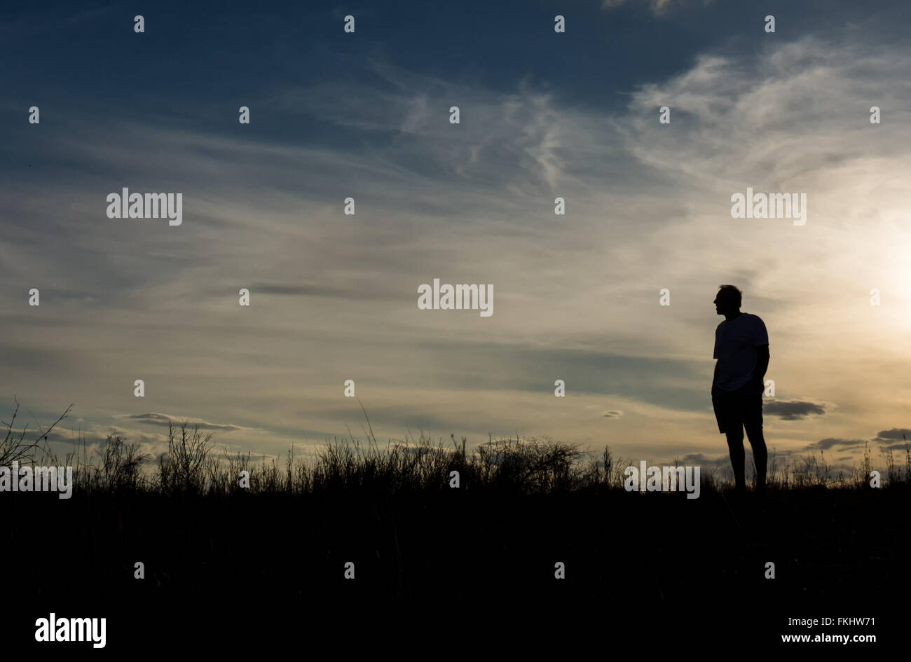 Man in silhouette standing on hill background looking into distance Stock Photo