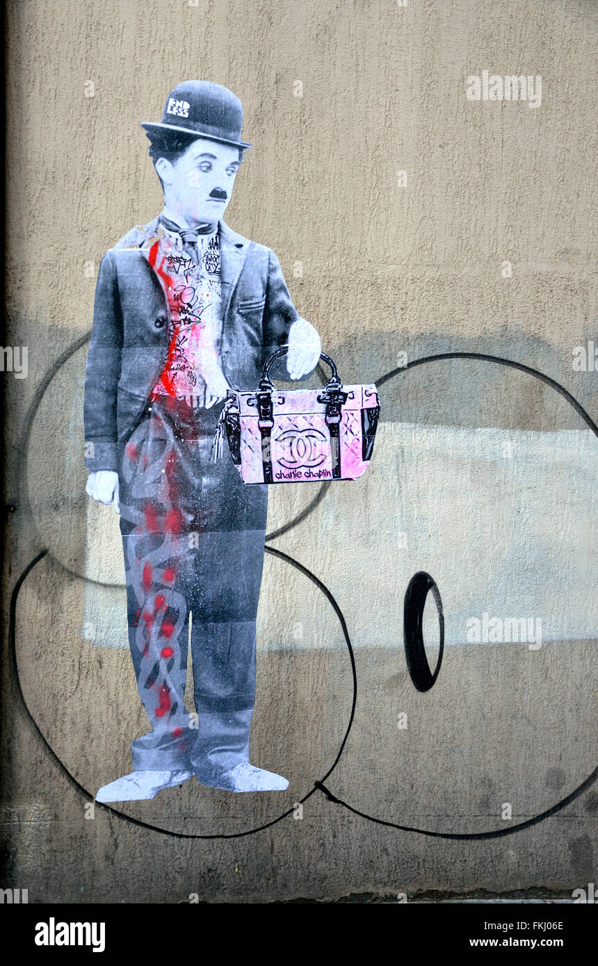 London, England, UK. Charlie Chaplin stenciled graffiti Stock Photo