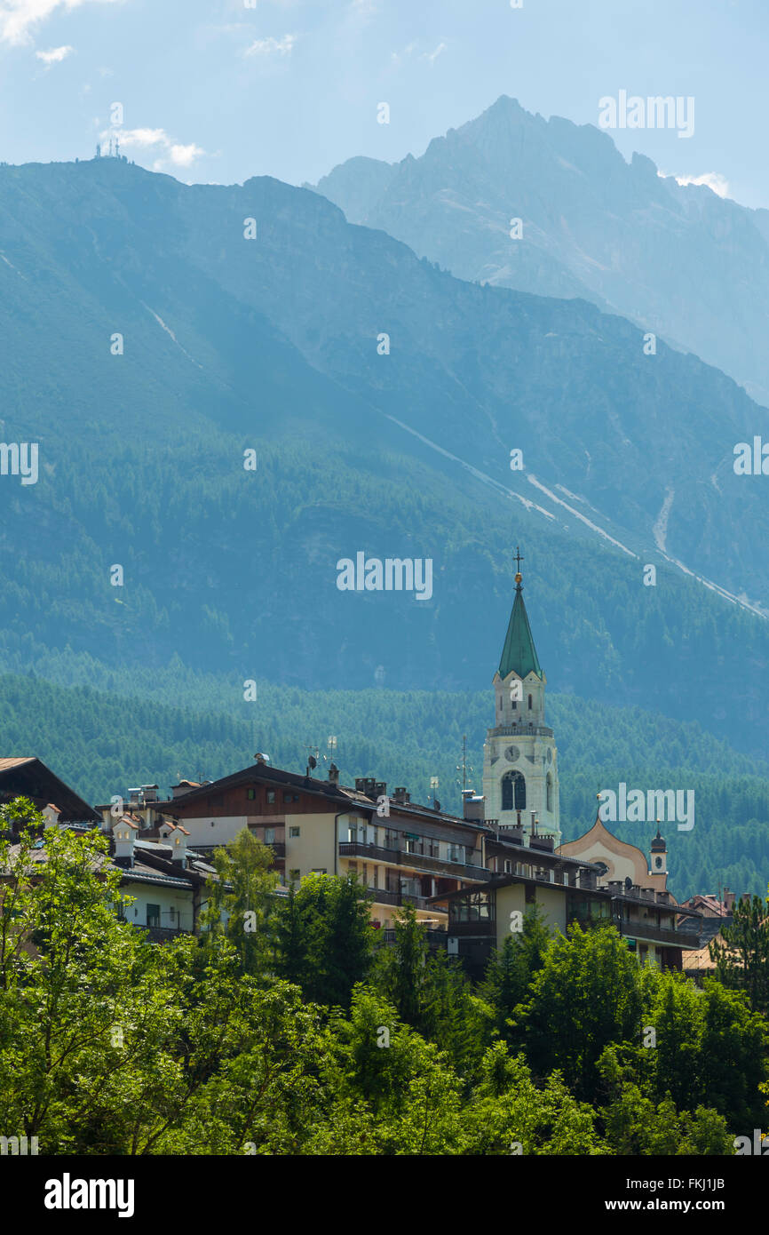 View in Crotina D'Ampezzo during summer. Full touristic season Stock Photo