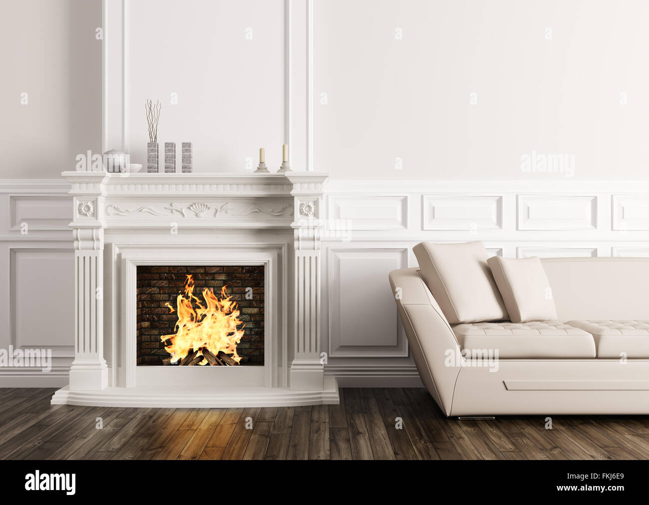 Classic interior of living room with fireplace and beige sofa 3d render ...