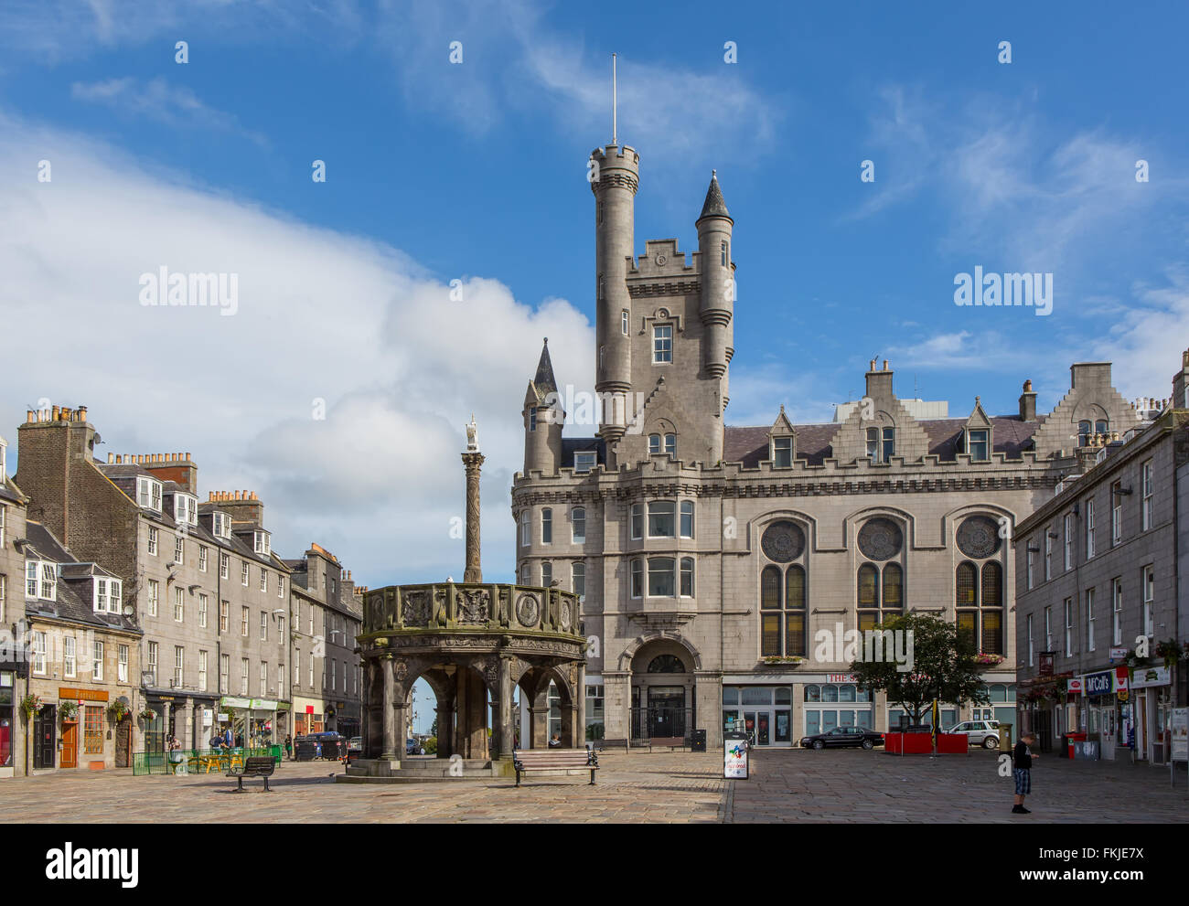 The Castlegate in Aberdeen, Scotland, UK, with the Mercat Cross in the foreground tand the Citadel building in the background Stock Photo