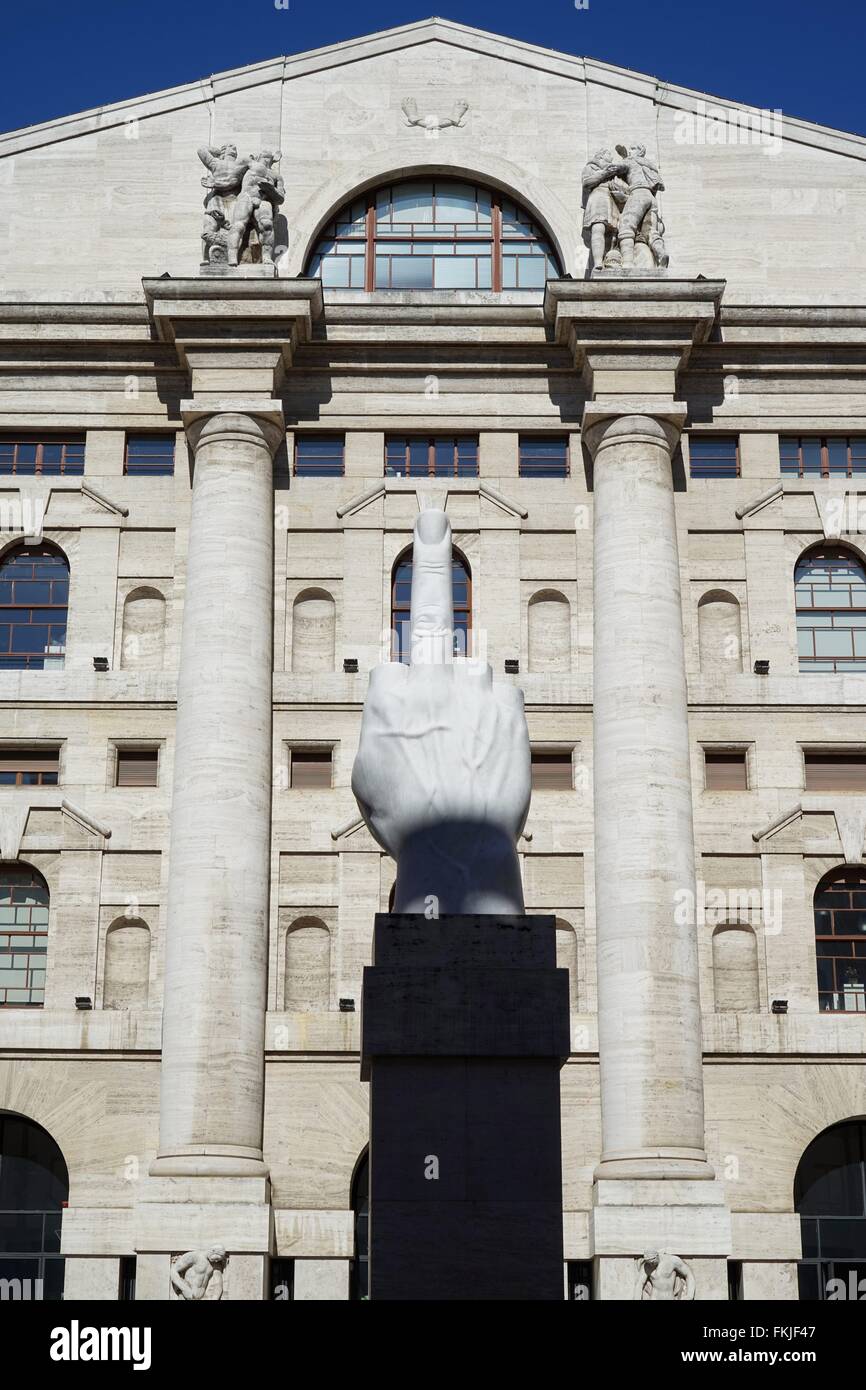 Italy: Italy's main stock exchange 'Borsa Italiana' in Milan - with statue by Maurizio Cattelan in the foreground. Photo from 03. March 2016. Stock Photo