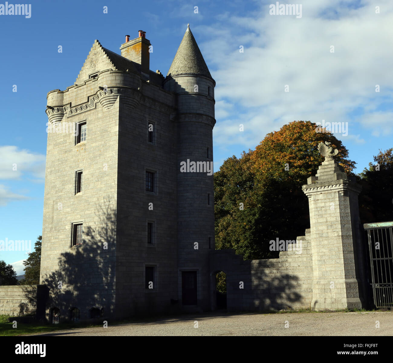 Old stone Tower on the banks of Loch Skene in Aberdeenshire, Scotland, UK Stock Photo