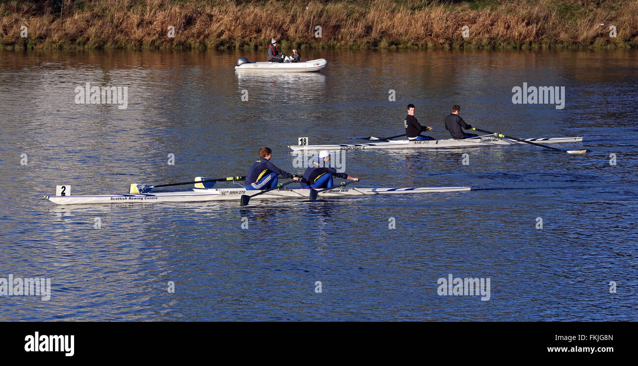 Rowers in a boat on the River Dee in the city of Aberdeen in Scotland, UK. Stock Photo