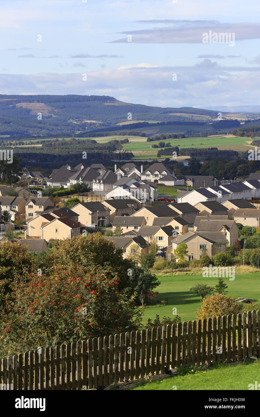 Skyline of the suburb of Westhill just outside the city of Aberdeen in Scotland, UK, with mountains in the background Stock Photo