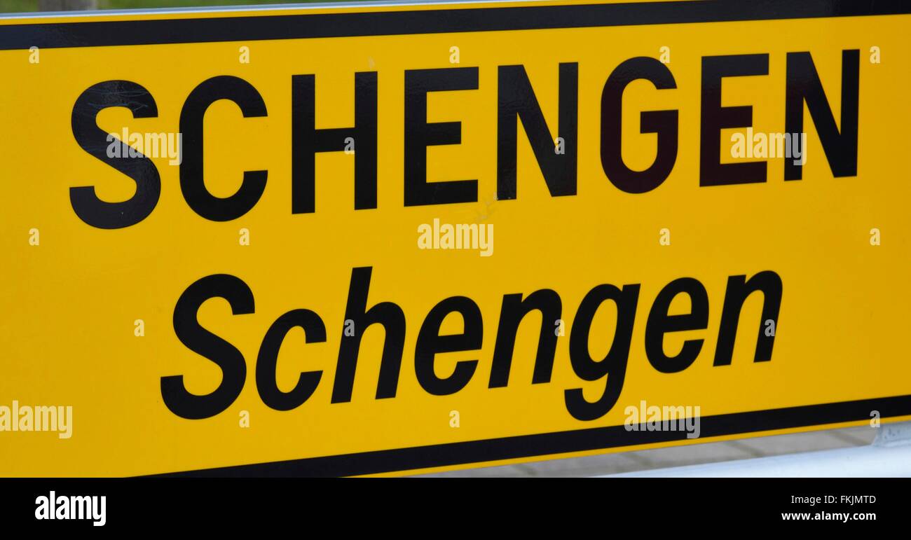 town sign Schengen, March 7, 2016. Stock Photo