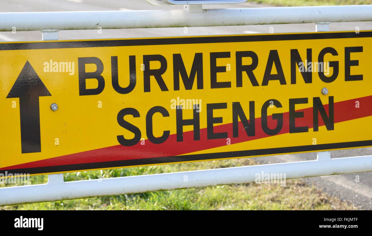 town sign Schengen, March 7, 2016. Stock Photo