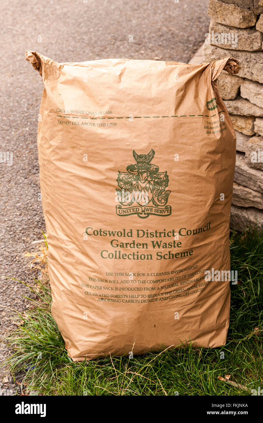 A sack of garden waste in the Cotswolds awaiting Council collection