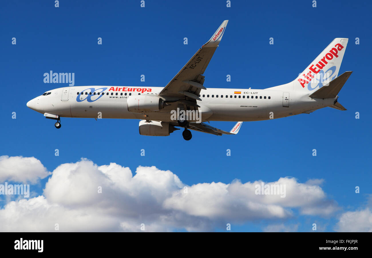 An Air Europa Boeing 737-85P approaching to El Prat Airport in Barcelona, Spain. Stock Photo