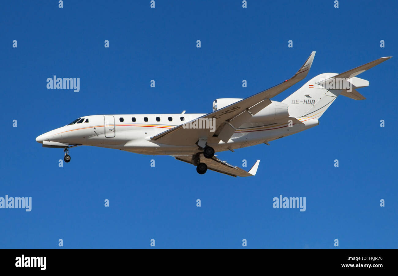 A Bairline Cessna 750 Citation X approaching to El Prat Airport in Barcelona, Spain. Stock Photo