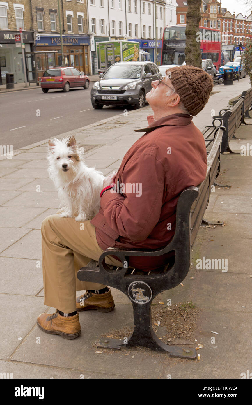 An elderly man and his terrier dog sit on a bench in East Finchley, London. Stock Photo