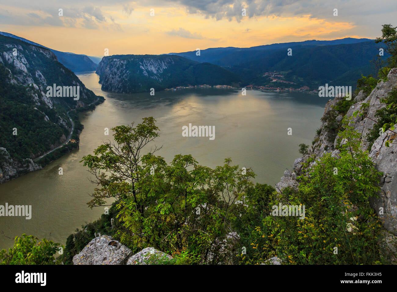 Landscape in the Danube Gorges seen from the Romanian side Stock Photo