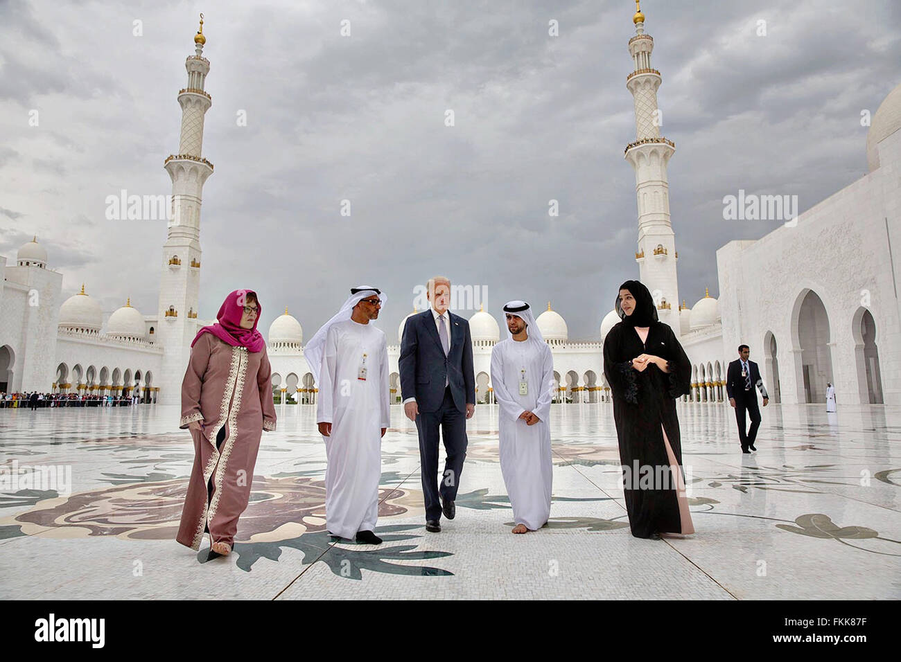 U.S Vice President Joe Biden, center, tours the Grand Mosque with U.S. Ambassador Barbara Leaf, left, and UAE officials March 7, 2016 in Abu Dhabi, United Arab Emirates. Stock Photo