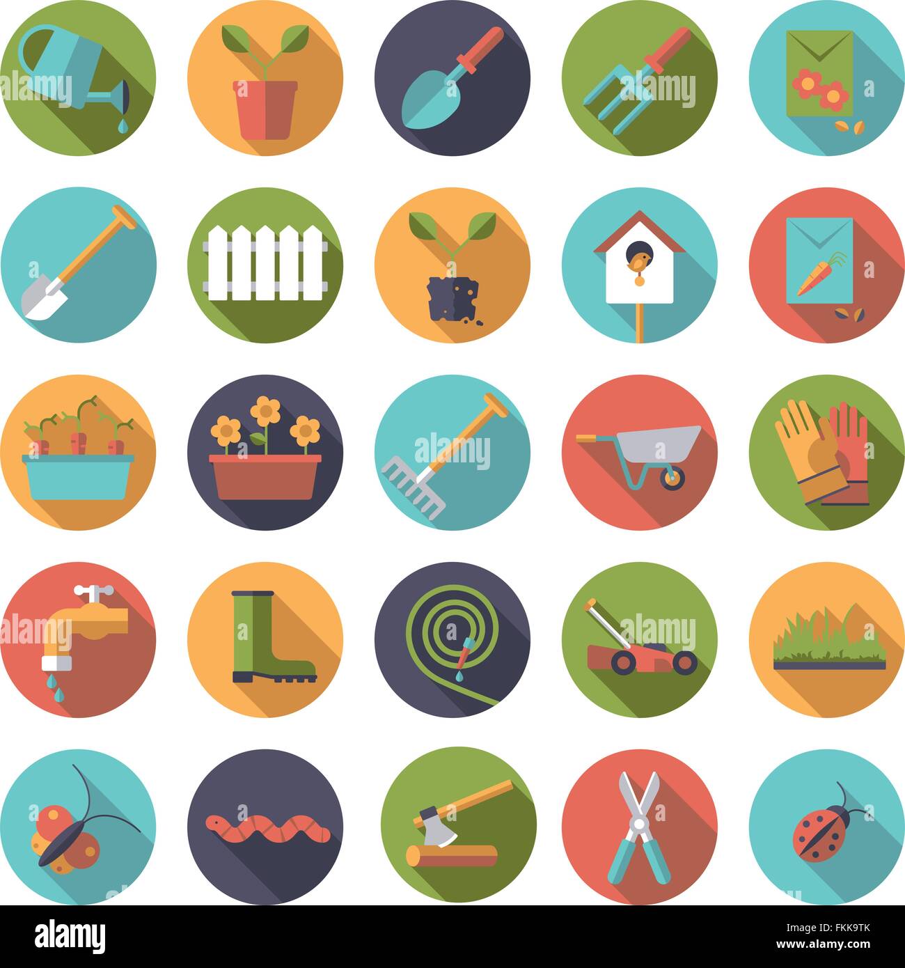 Collection of flat design gardening vector icons in circles Stock ...
