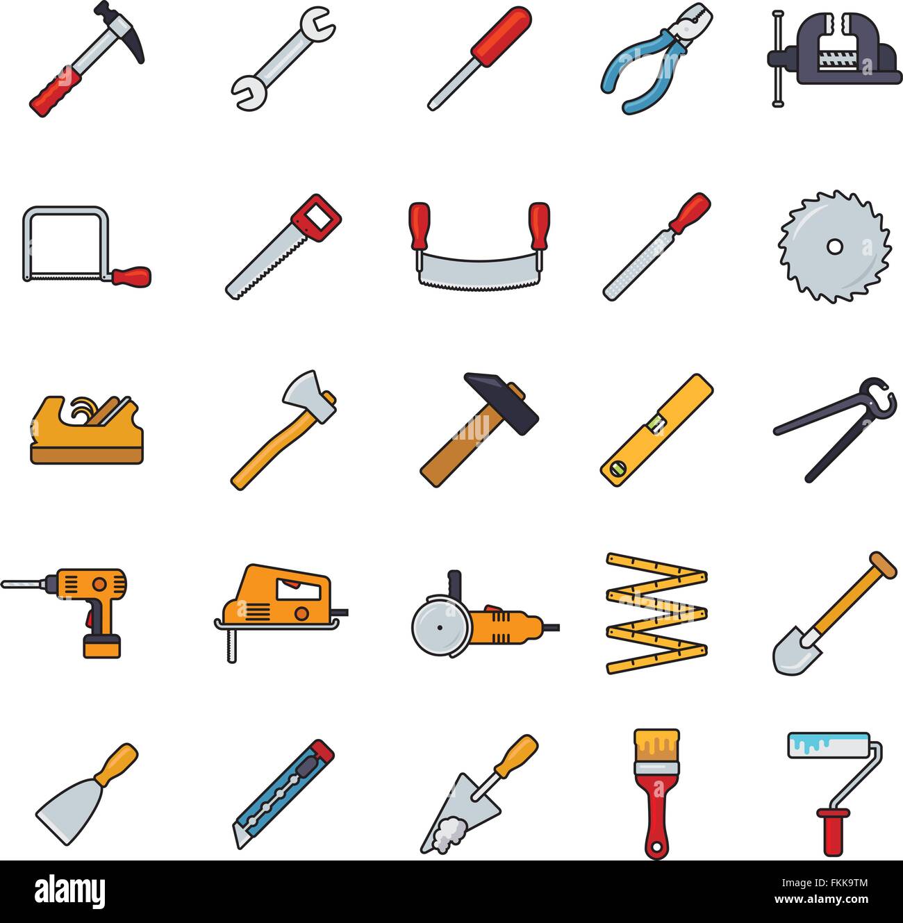 Collection of filled line tools and crafting icons isolated on white