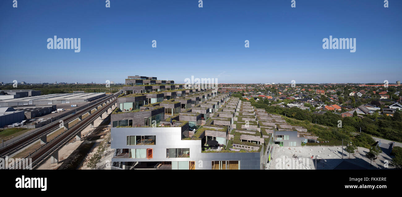 A view of two large apartment blocks designed in  2004 and 2005 in Orestad, Copenhagen in Denmark. Stock Photo
