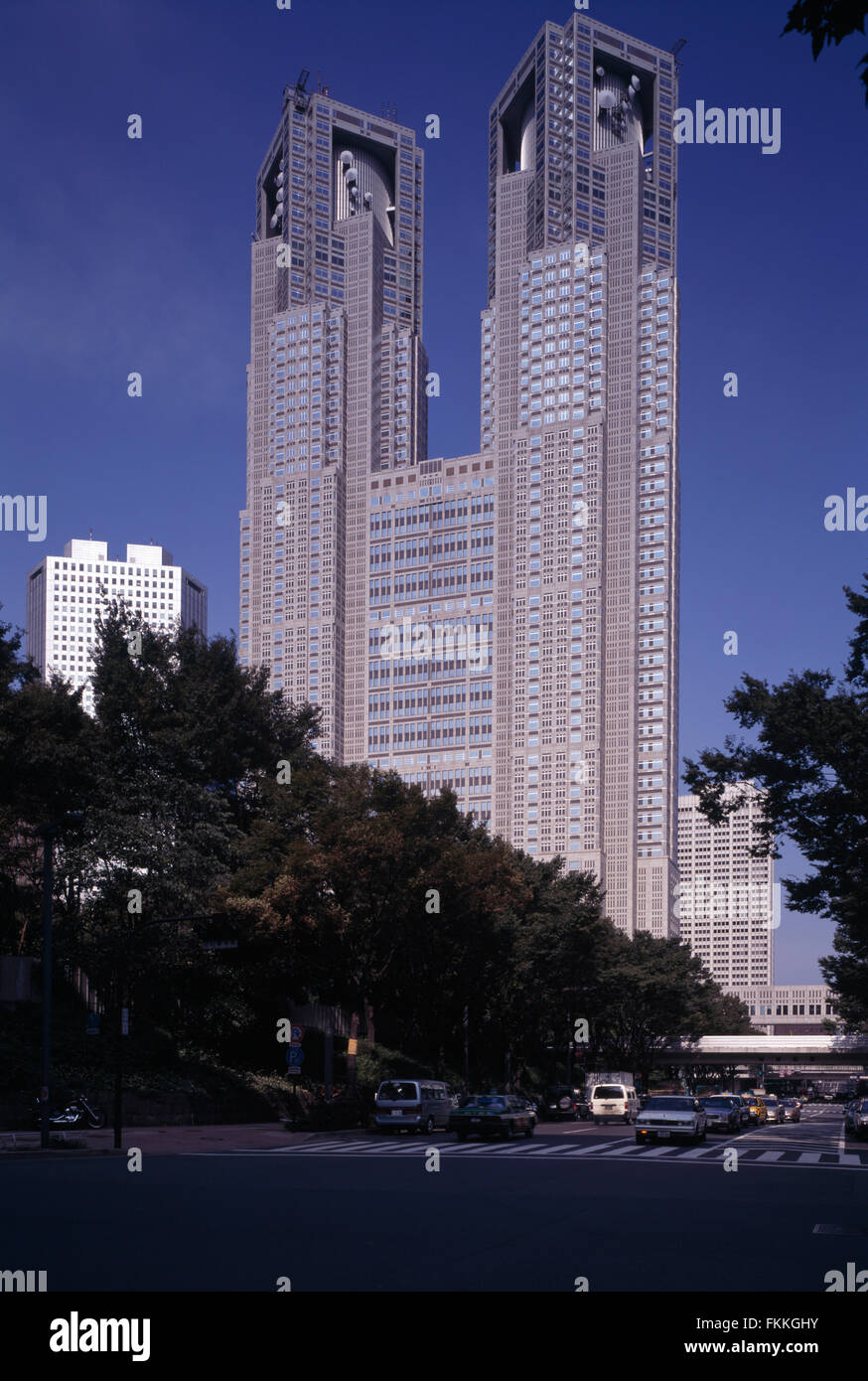 A view of the New City Hall in Shinjuku, Tokyo. A tall building in the dusk. Stock Photo
